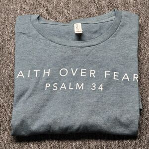 Love In Faith Womens T‑Shirt XL Blue Faith Over Fear Psalm 34 Christian Tee